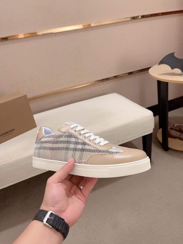 Burberry Leather, Mesh and Check Sneakers in Beige