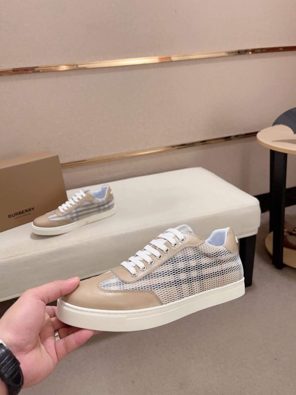 Burberry Leather, Mesh and Check Sneakers in Beige