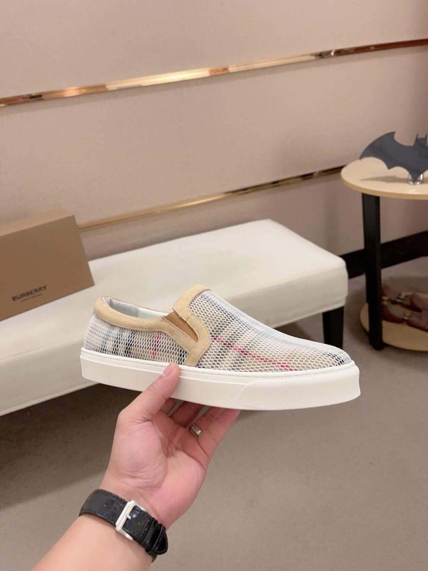 Burberry Suede, Mesh and Check Slip-On Sneakers in Beige and White