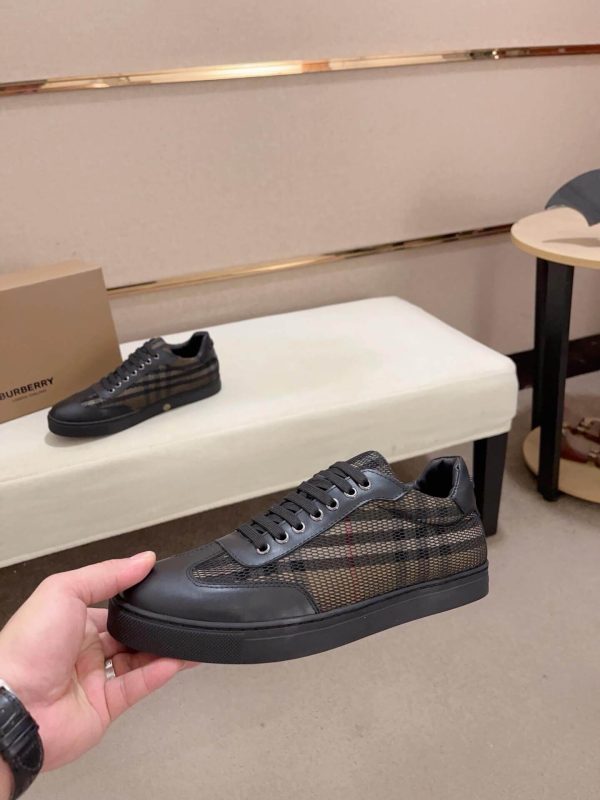 Burberry Leather, Mesh and Check Sneakers in Black and Beige