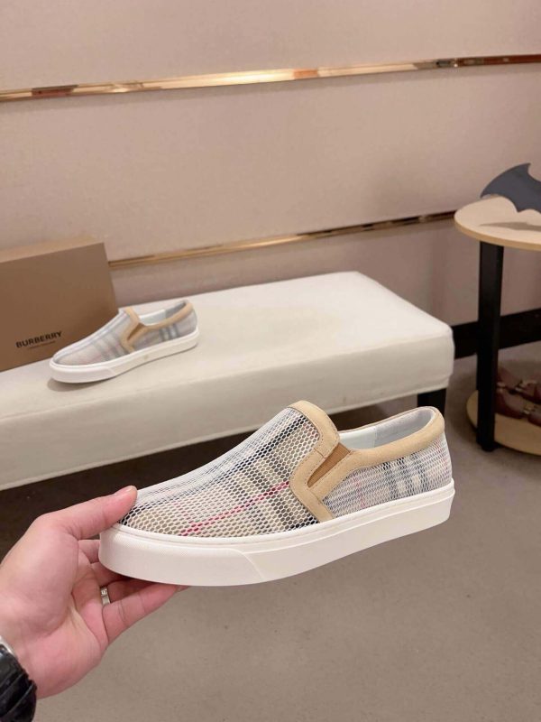 Burberry Suede, Mesh and Check Slip-On Sneakers in Beige and White