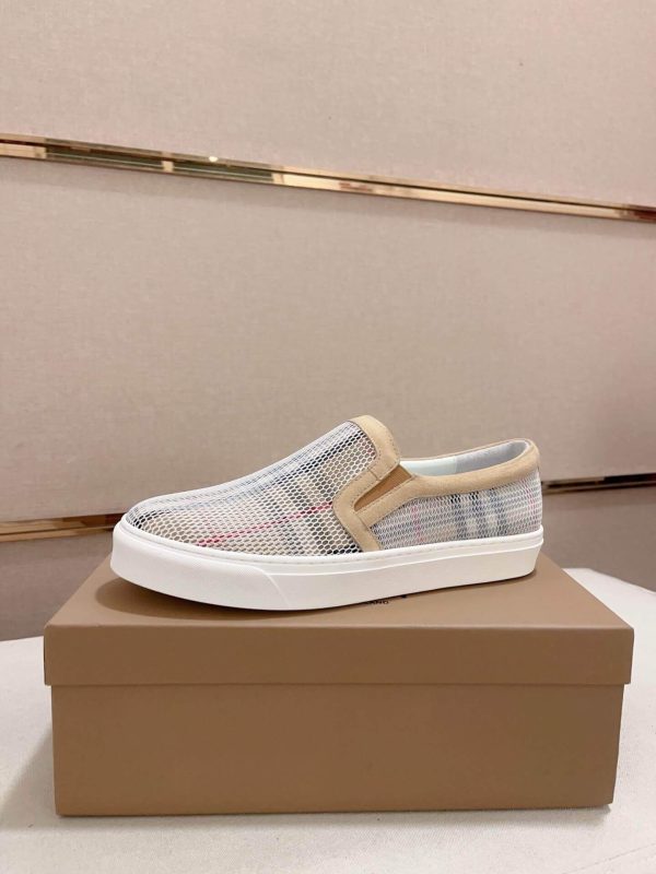 Burberry Suede, Mesh and Check Slip-On Sneakers in Beige and White