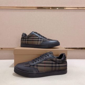 Burberry Leather, Mesh and Check Sneakers in Black and Beige