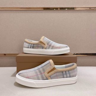 Burberry Suede, Mesh and Check Slip-On Sneakers in Beige and White