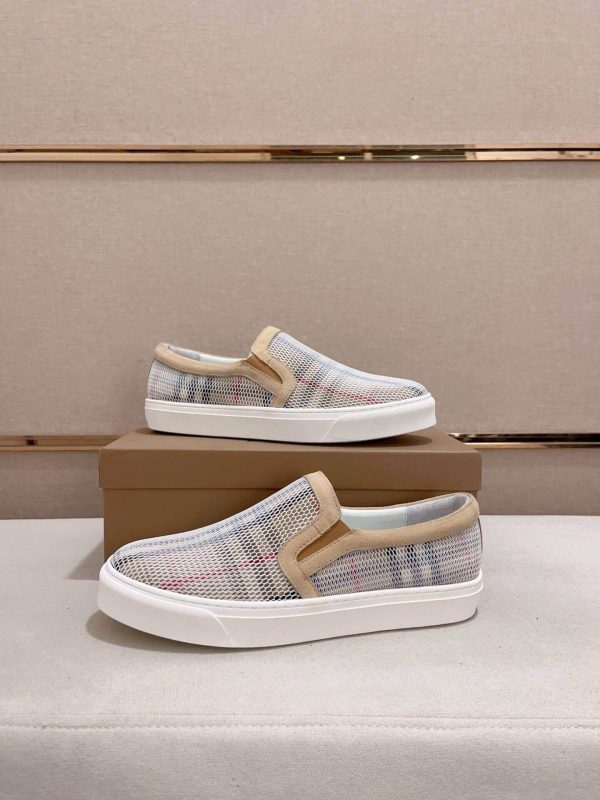 Burberry Suede, Mesh and Check Slip-On Sneakers in Beige and White