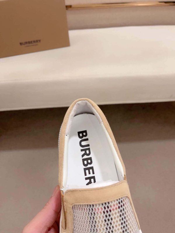 Burberry Suede, Mesh and Check Slip-On Sneakers in Beige and White