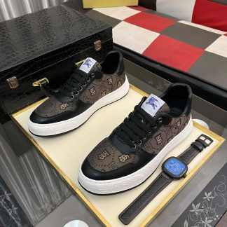 Burberry Black Leather Brown Monogram Canvas Terrace Sneaker