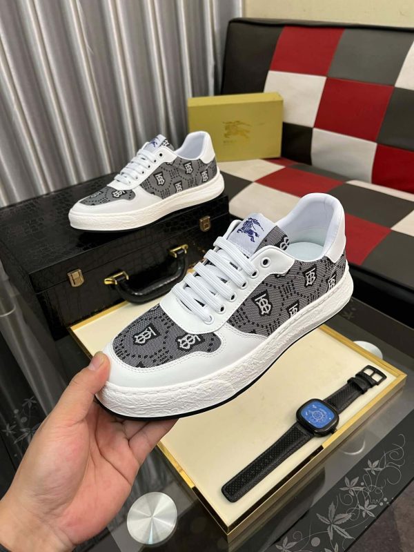 Burberry Leather and Monogram Canvas Sneaker in White and Grey