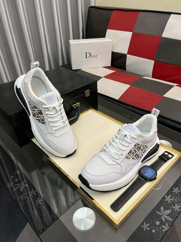 Dior White B25 Runner Sneaker with Brown Grey Dior Oblique Canvas
