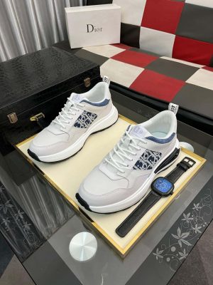 Dior White B25 Runner Sneaker with Blue and Grey Dior Oblique Canvas