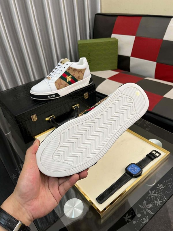 Gucci Ace Sneaker with Bee in White Leather and Brown GG Canvas