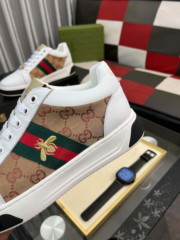 Gucci Ace Sneaker with Bee in White Leather and Brown GG Canvas