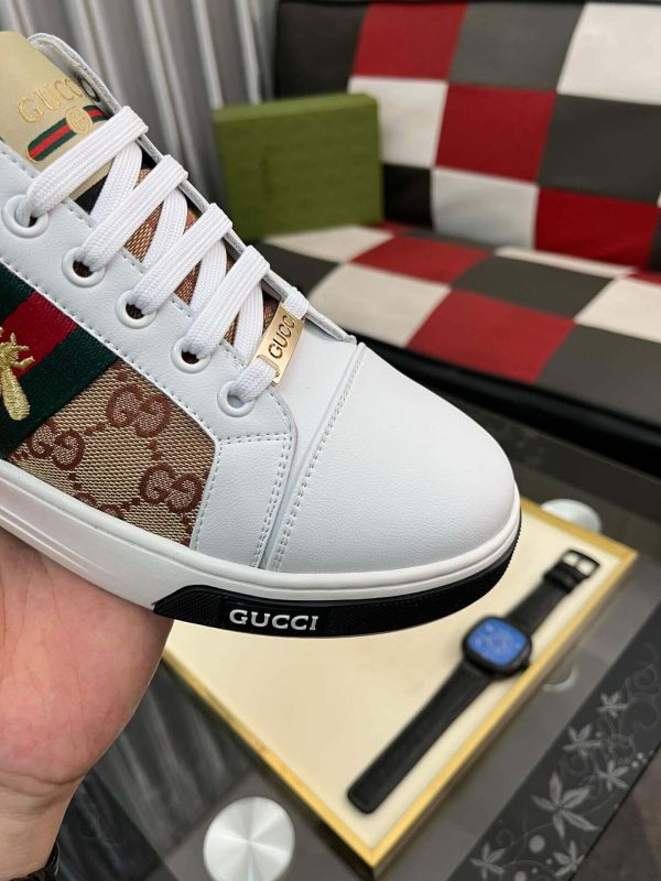 Gucci Ace Sneaker with Bee in White Leather and Brown GG Canvas