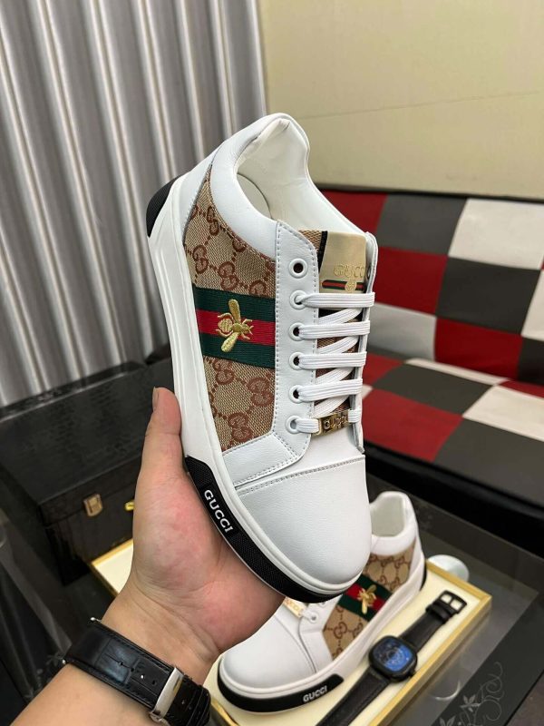 Gucci Ace Sneaker with Bee in White Leather and Brown GG Canvas