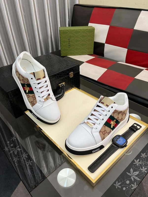 Gucci Ace Sneaker with Bee in White Leather and Brown GG Canvas
