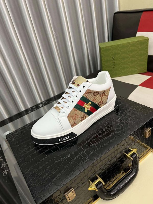 Gucci Ace Sneaker with Bee in White Leather and Brown GG Canvas