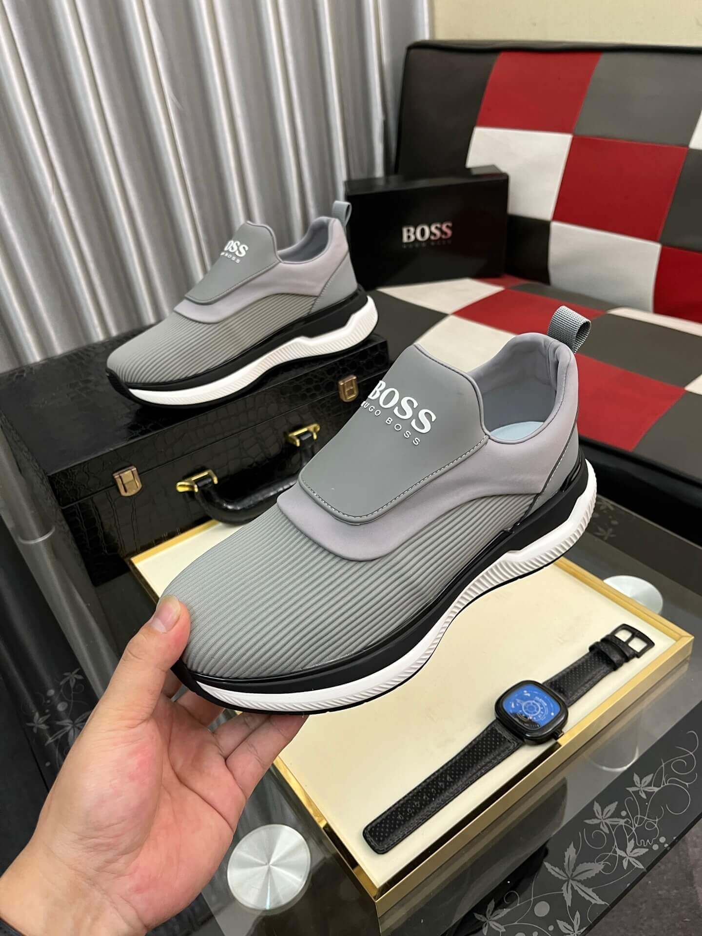 Boss Grey Mixed Materials Slip-On Trainer 9 Boss Grey Mixed Materials Slip-On Trainer - Image 9