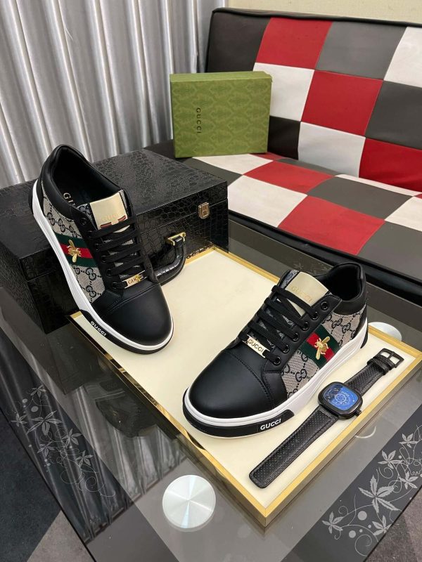 Gucci Ace Sneaker with Bee in Black Leather and Ebony GG Canvas