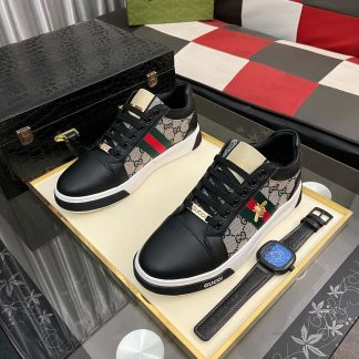 Gucci Ace Sneaker with Bee in Black Leather and Ebony GG Canvas