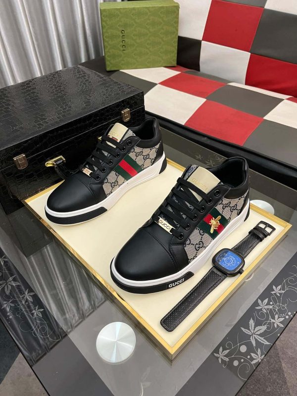 Gucci Ace Sneaker with Bee in Black Leather and Ebony GG Canvas