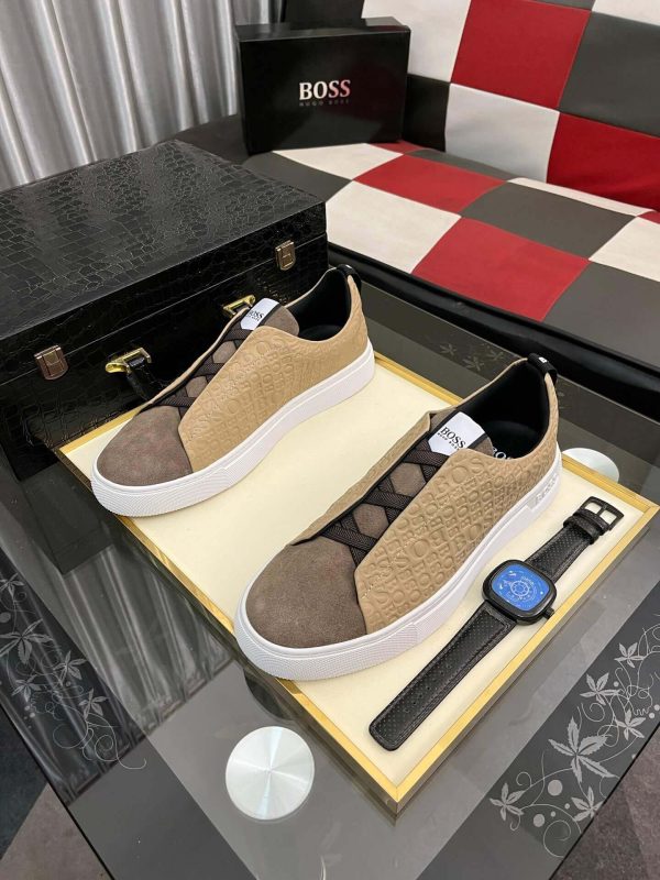 beigeHugoBossslip-onsneakerwithasuedetoecapandembossedBOSSbrandingontheside_8 BOSS Gary Italian Sneaker Beige and Brown