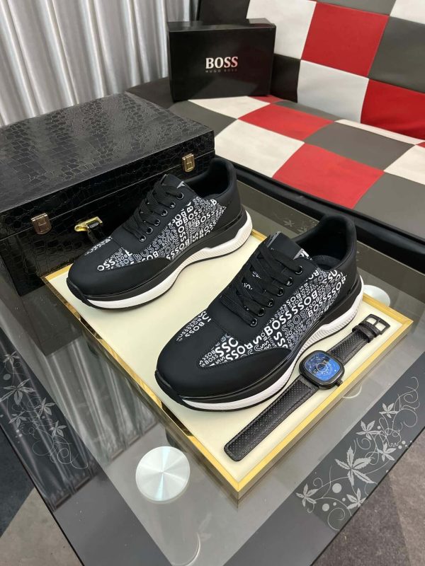 blackBOSSsneakerwiththebrandnamerepeatedinwhitetextontheside_3 Boss Black Mixed-Materials Trainers with Repeat Logo Details