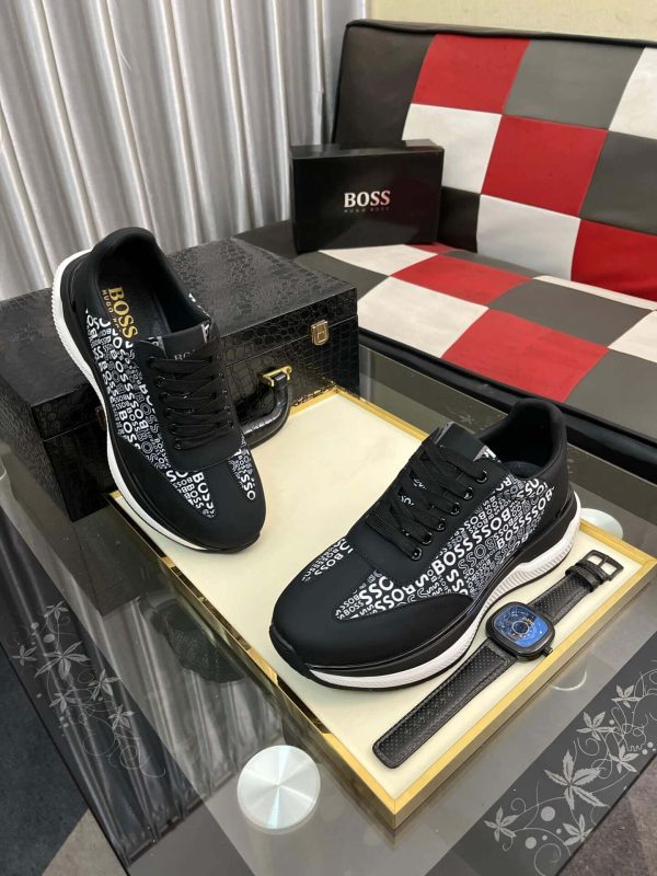 blackBOSSsneakerwiththebrandnamerepeatedinwhitetextontheside_4 Boss Black Mixed-Materials Trainers with Repeat Logo Details