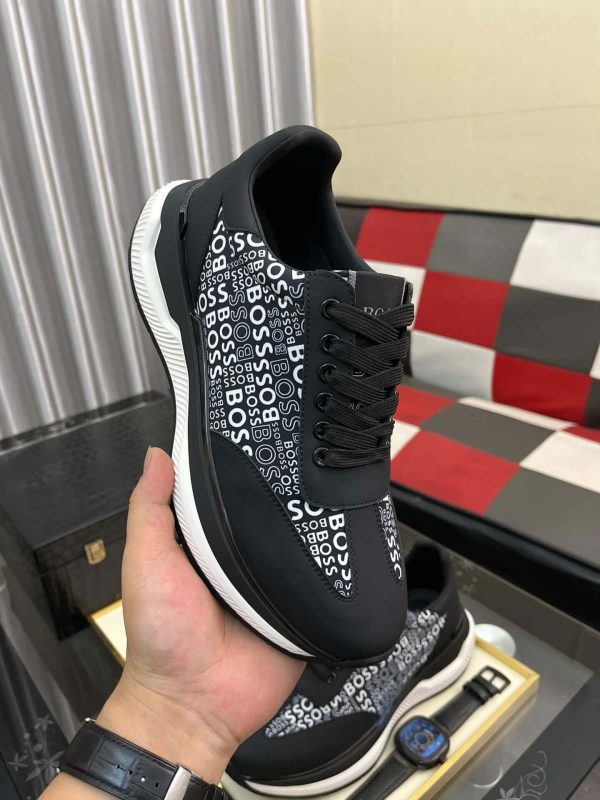 blackBOSSsneakerwiththebrandnamerepeatedinwhitetextontheside_5 Boss Black Mixed-Materials Trainers with Repeat Logo Details