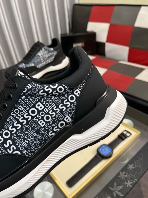 blackBOSSsneakerwiththebrandnamerepeatedinwhitetextontheside_8 Boss Black Mixed-Materials Trainers with Repeat Logo Details