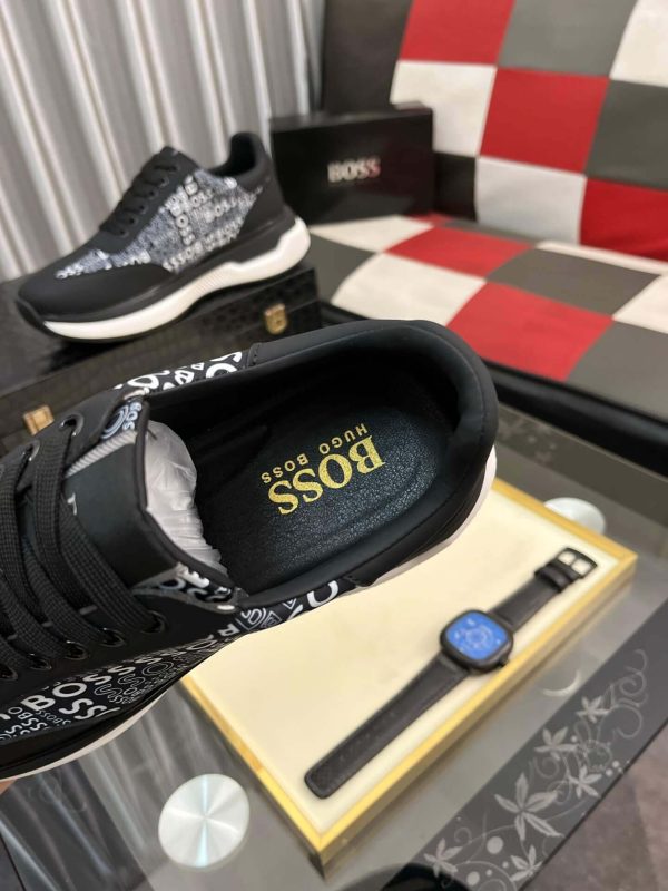 blackBOSSsneakerwiththebrandnamerepeatedinwhitetextontheside_9 Boss Black Mixed-Materials Trainers with Repeat Logo Details