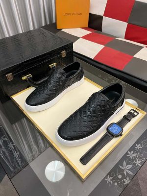 LV Black Monogram Embossed Leather Slip-On Trainers