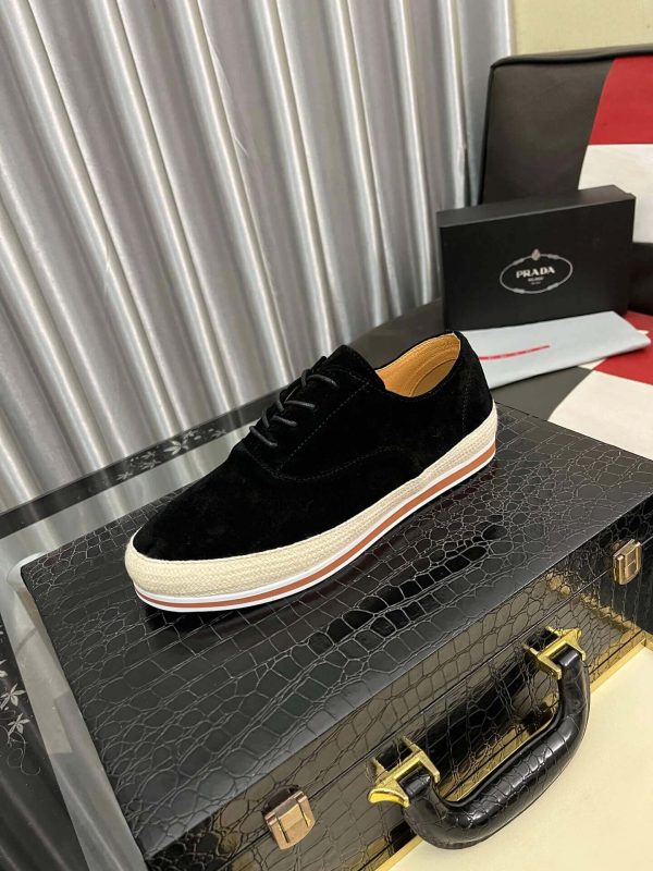 blacksuedePradamen_sshoewithawhiteandbrownstripedsole_1 Prada Men's Black Suede Sneakers
