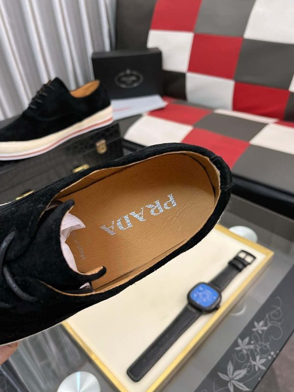 blacksuedePradamen_sshoewithawhiteandbrownstripedsole_3 Prada Men's Black Suede Sneakers