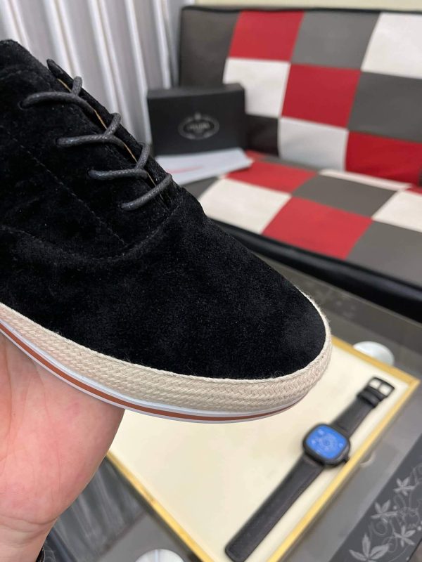 blacksuedePradamen_sshoewithawhiteandbrownstripedsole_6 Prada Men's Black Suede Sneakers