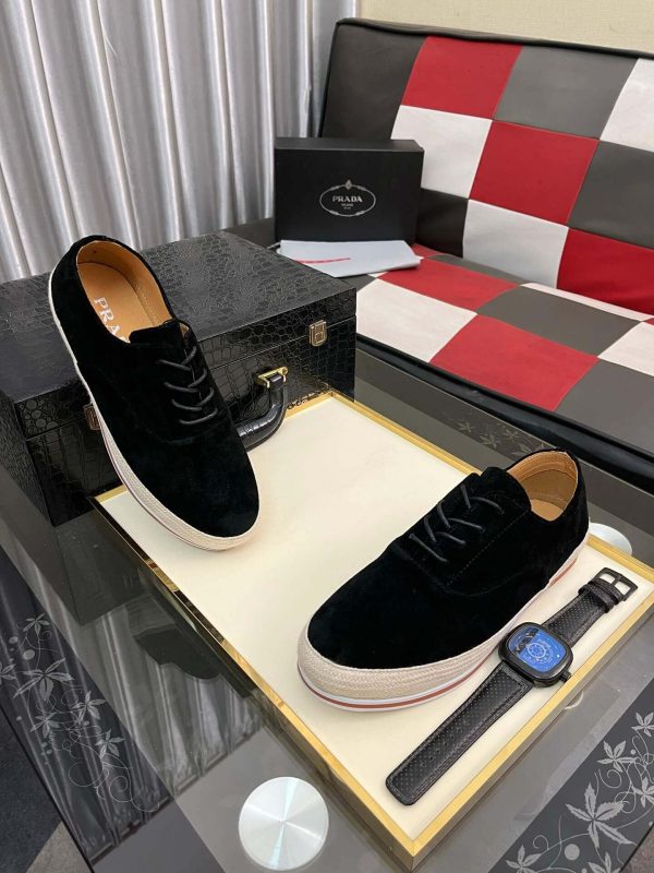 blacksuedePradamen_sshoewithawhiteandbrownstripedsole_8 Prada Men's Black Suede Sneakers