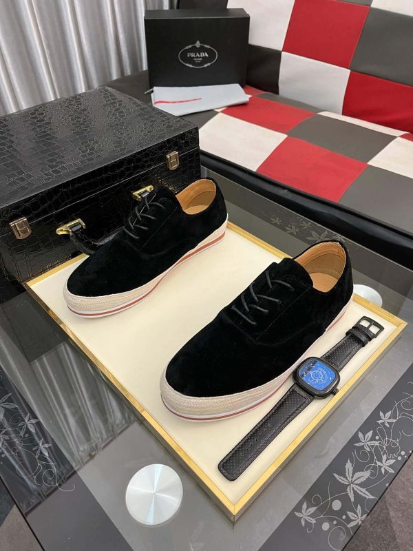 blacksuedePradamen_sshoewithawhiteandbrownstripedsole_9 Prada Men's Black Suede Sneakers