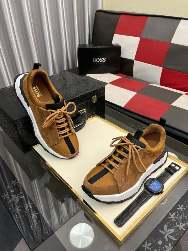 brownsuedeBOSSsneakerwithawhitemidsole_blackaccentstripe_andlightbrownlaces_1 BOSS Brown Esquisse Suede Sneaker