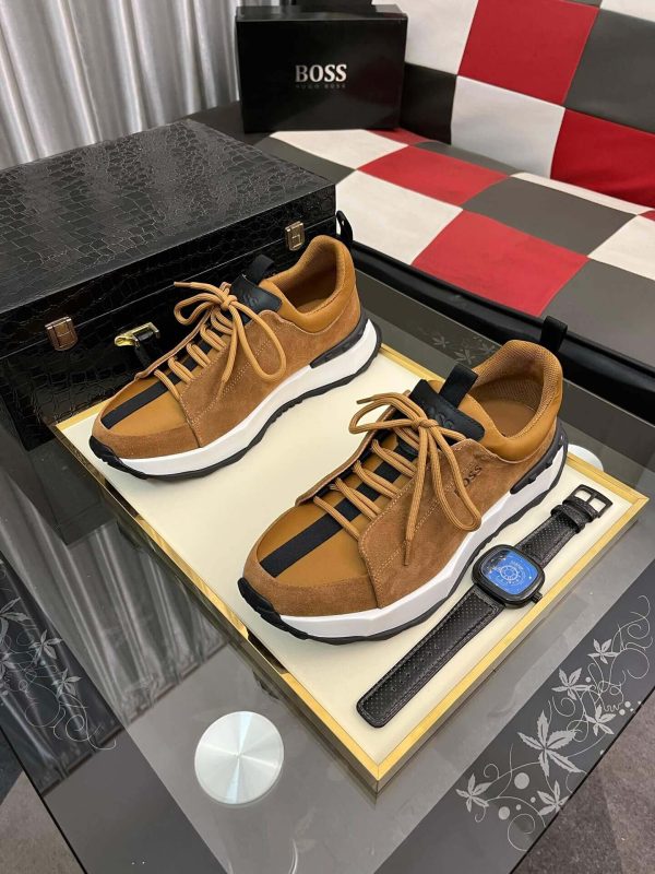 brownsuedeBOSSsneakerwithawhitemidsole_blackaccentstripe_andlightbrownlaces_3 BOSS Brown Esquisse Suede Sneaker