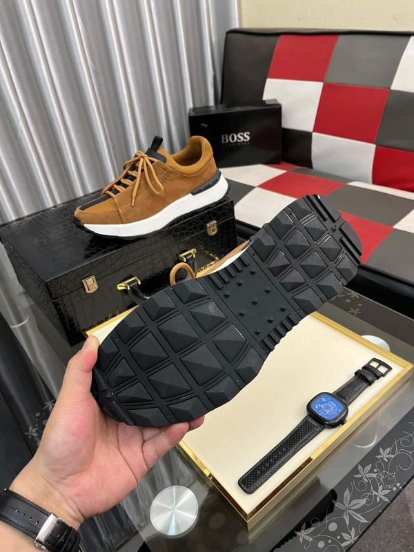brownsuedeBOSSsneakerwithawhitemidsole_blackaccentstripe_andlightbrownlaces_4 BOSS Brown Esquisse Suede Sneaker