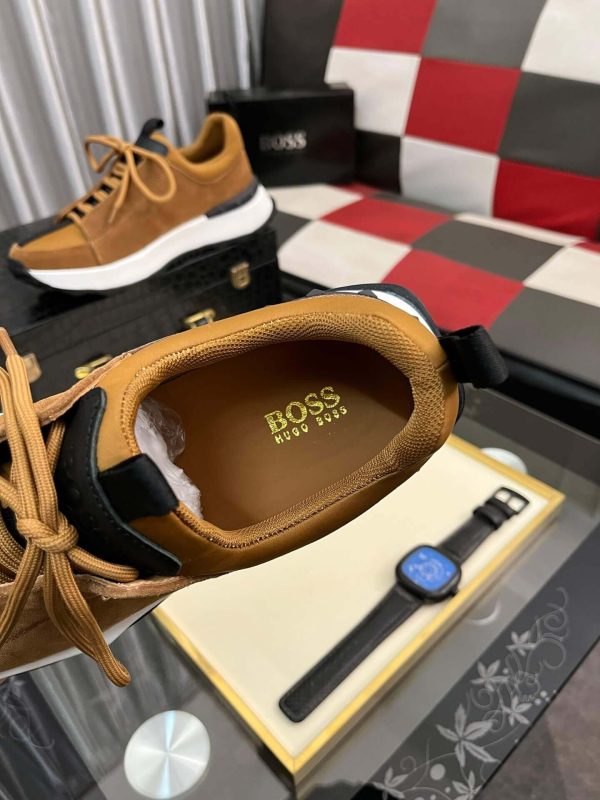 brownsuedeBOSSsneakerwithawhitemidsole_blackaccentstripe_andlightbrownlaces_5 BOSS Brown Esquisse Suede Sneaker