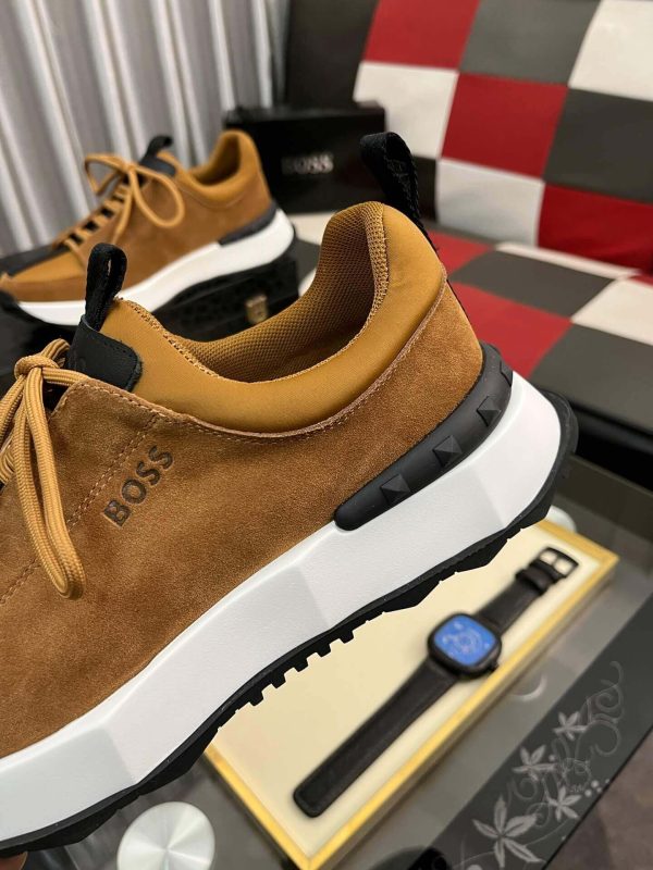 brownsuedeBOSSsneakerwithawhitemidsole_blackaccentstripe_andlightbrownlaces_6 BOSS Brown Esquisse Suede Sneaker