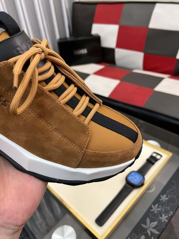 brownsuedeBOSSsneakerwithawhitemidsole_blackaccentstripe_andlightbrownlaces_7 BOSS Brown Esquisse Suede Sneaker