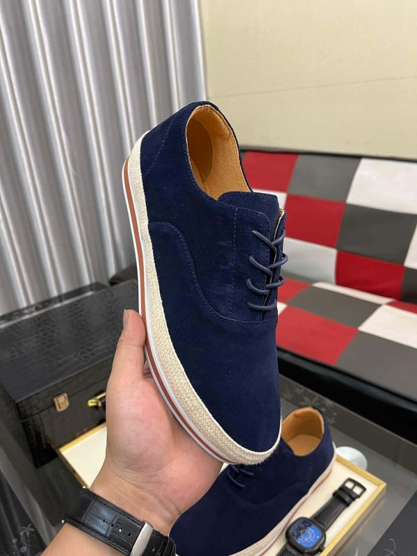 navybluePradamen_sshoewithatanleatherliningandalayeredsoleconsistingofawhitemidsoleandabraidedjuteoutsole_1 Prada Men's Navy Suede Sneakers