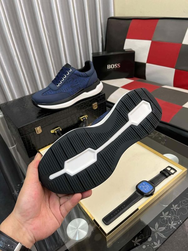 navybluesneakerwithwhiteandblackaccents_featuringtheBOSSlogorepeatedacrosstheupper_2 (1) Boss Navy Blue Mixed-Materials Trainers with Repeat Logo Details