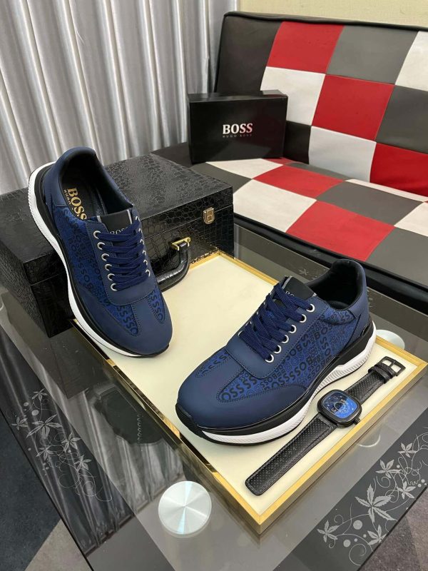 navybluesneakerwithwhiteandblackaccents_featuringtheBOSSlogorepeatedacrosstheupper_7 Boss Navy Blue Mixed-Materials Trainers with Repeat Logo Details