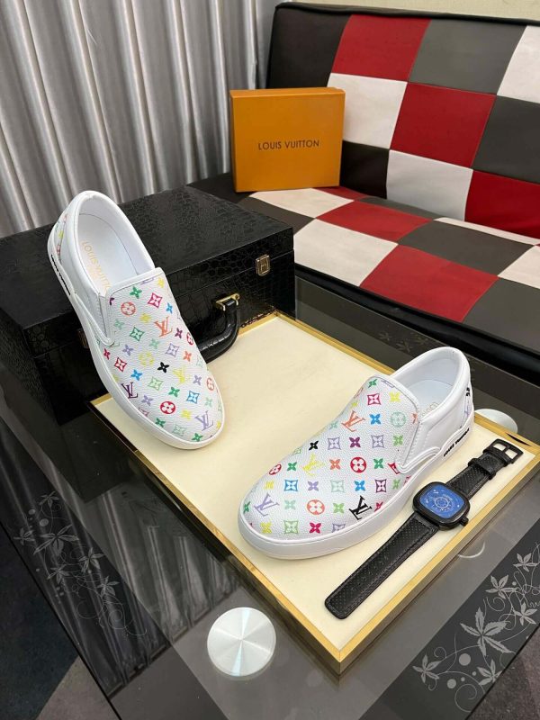 whiteslip-onsneakerfeaturingacolorfulLouisVuittonmonogrampattern_1 LV X TM White Leather Slip-On Trainers