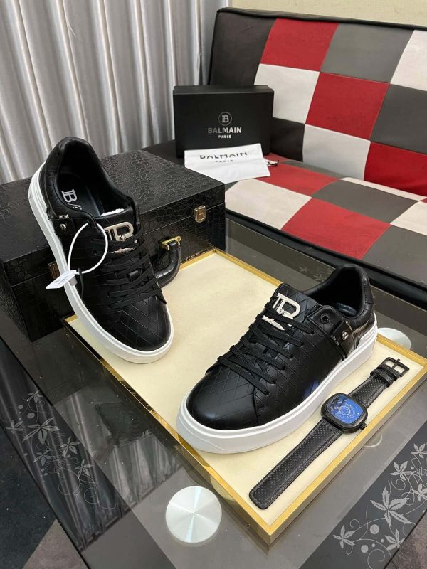 Balmain B-Court Sneakers in Black Pattern Embossed Leather