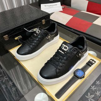 Balmain B-Court Sneakers in Black Pattern Embossed Leather