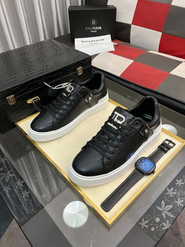 Balmain B-Court Sneakers in Black Pattern Embossed Leather