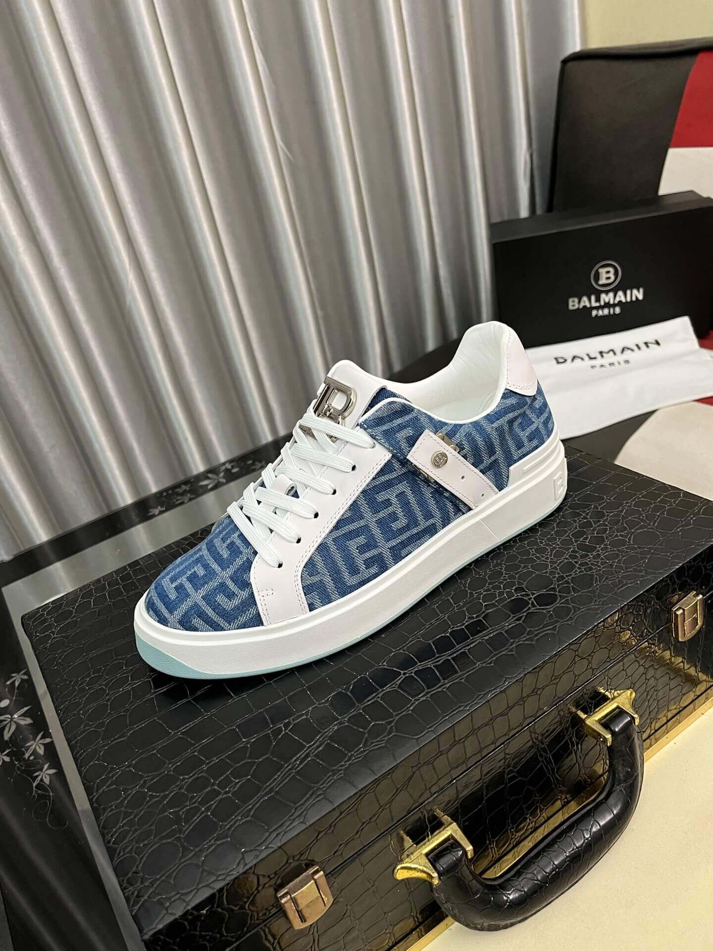 Balmain Blue Monogram Jacquard B-Court Sneakers 6 Balmain Blue Monogram Jacquard B-Court Sneakers - Image 6